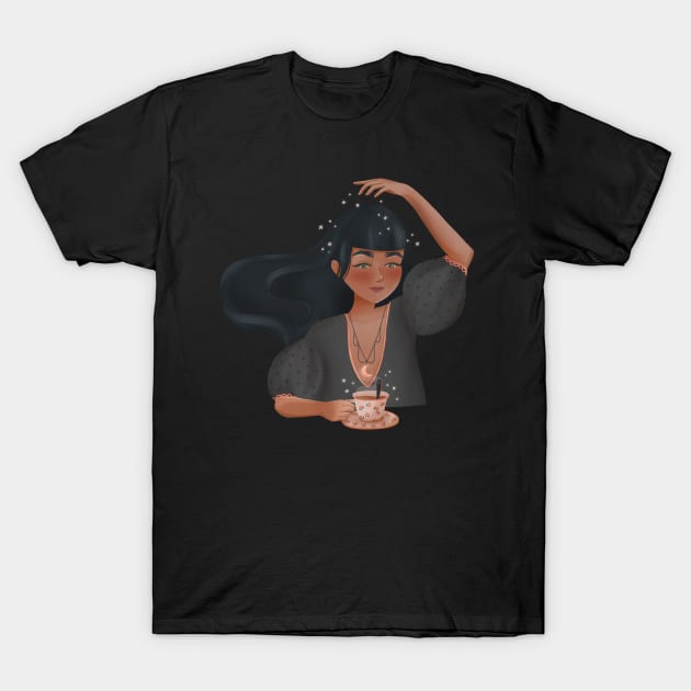 Girl character with coffee or tea and some magic T-Shirt by RigaSutherland